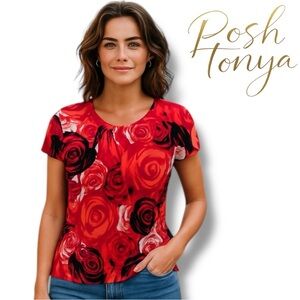 Worthington Floral Blouse Pleated Crew Neck Cap Sleeve Petite S Office Career